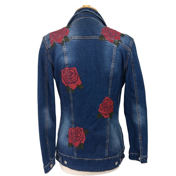 LuLaRoe JAXON Jean Denim Jacket Embroidered Red Roses Womens Size xs - Picture 5 of 8